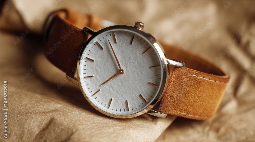 Poster Elegant Watch on Soft Leather Strap Resting on Crinkled Paper Backdrop Showcasing Minimalistic Design and Craftsmanship Details Generative AI