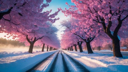 Serene Winter Landscape with Snow-Covered Road and Cherry Blossom Trees – Tranquil Scenic Photography
