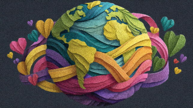 A vibrant, artistic depiction of the world encircled with colorful ribbons and hearts.