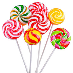 Colorful swirl lollipops with vibrant patterns on white sticks, creating playful and cheerful display. candy features mix of red, yellow, green, and white colors, evoking sense of fun