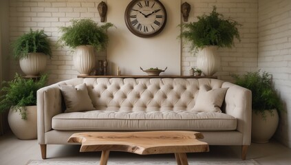 Minimalist Living Room Interior with Oatmeal Couch and Rustic Wooden Table – Cozy Scandinavian Design in 4K