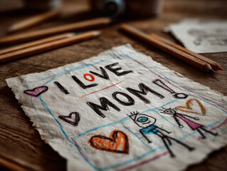 Heartfelt letter crafted by a child to express love for mom through crayon drawings and simple words, showcasing a warm moment filled with innocence and creativity
