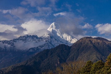 Annapurna Base Camp trek beautiful Himalaya mountains landscape view. Snow summits of Annapurna South, Machapuchare and Dhaulagiri seen from the Poon Hill and from the trekking path on the way Nepal