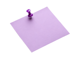 A lavender sticky note attached to a black background with a purple push pin holding it in place