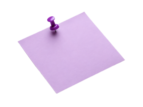 A lavender sticky note attached to a black background with a purple push pin holding it in place