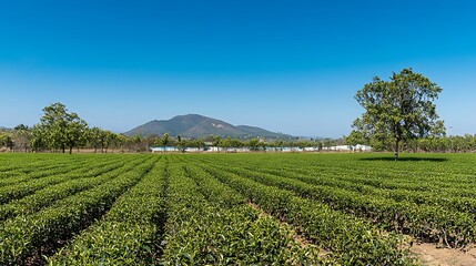 Serene Tea Plantation Landscape Under a Clear Blue Sky