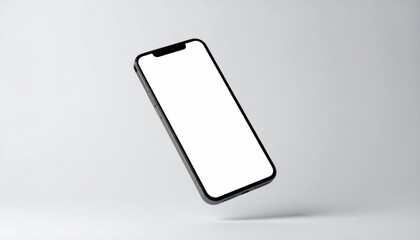 in a minimally styled scene, a cellular device with a dark metal bezel appears to hover diagonally against a muted backdrop. the device's screen is stark white, offering a blank display