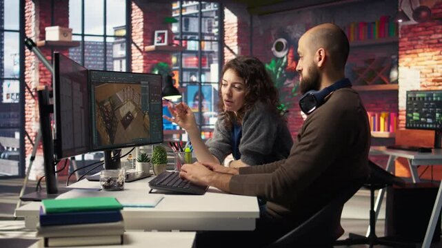Graphic artists use architectural software on PC to create a detailed 3D render of a home interior. Team employ program to configure furniture and design elements for virtual layout. Camera A.