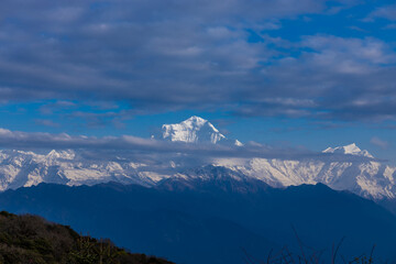 Annapurna Base Camp trek beautiful Himalaya mountains landscape view. Snow summits of Annapurna South, Machapuchare and Dhaulagiri seen from the Poon Hill and from the trekking path on the way Nepal