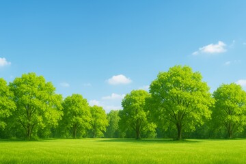 Fototapeta premium Lush green trees are growing in a field of vibrant grass under a clear blue sky with fluffy white clouds, creating a serene and idyllic natural landscape