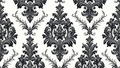 Obraz premium Classic damask pattern featuring scrolling acanthus leaves and intricate detailing in monochrome , illustration, motif