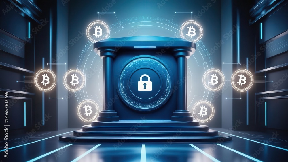 Poster digital security concept showing a secure lock on a pedestal surrounded by blockchain icons and glow