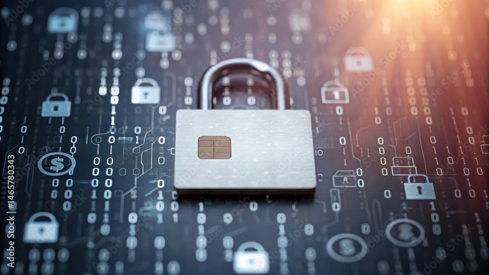 Poster close-up of a silver padlock placed on a digital cybersecurity background with digital lock icons, b