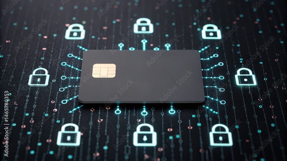 Poster secure digital credit card on dark cyber security background with padlock icons representing data pr