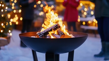 Warmth and Ambiance: Outdoor Fire Pit Gathering in a Winter Wonderland Setting