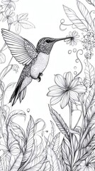 Obraz premium Detailed line art of hummingbird with flower drawing for coloring page design illustration and nature art