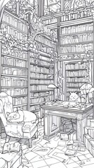 Coloring page library with cats and books for adults and kids relaxation therapy and creative fun