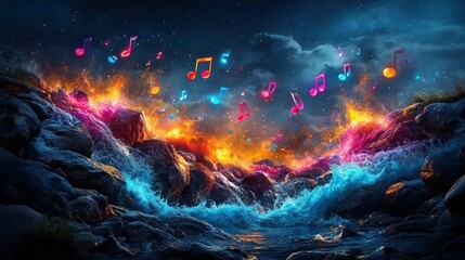 Fiery, vibrant waterfall with musical notes.  A mystical, colorful landscape of burning rocks and flowing water