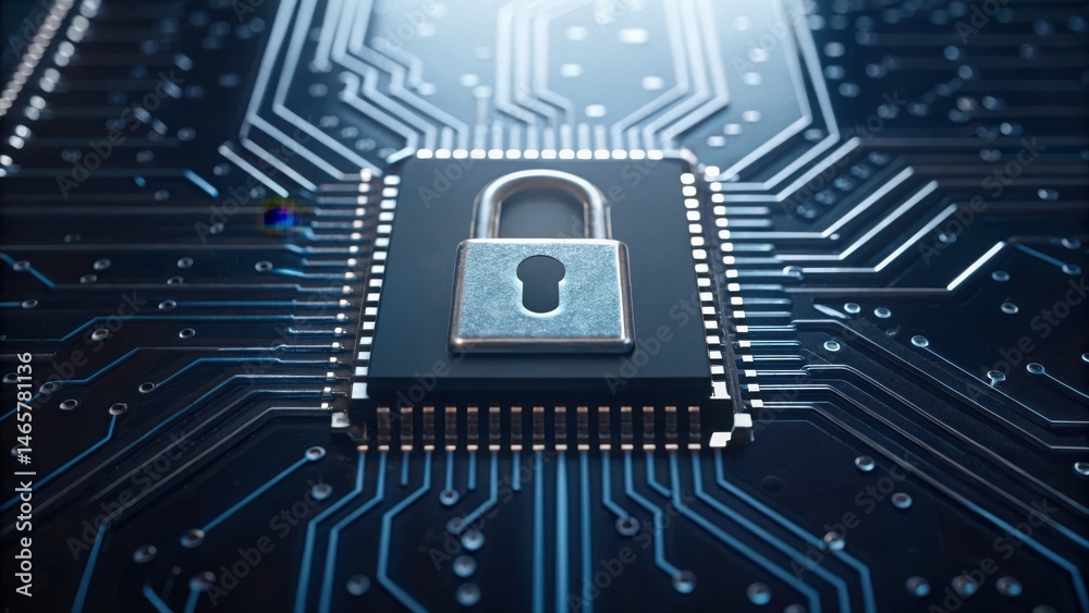 Poster hypersecure digital tracking technology encryption lock on futuristic circuit board with complex ele