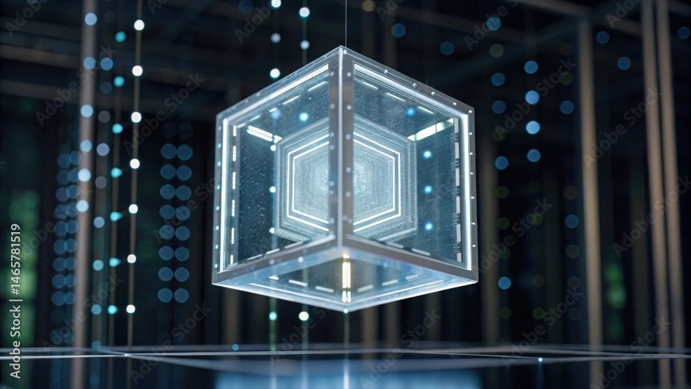 Poster futuristic transparent cube with glowing digital lines and network connections in a high-tech data c