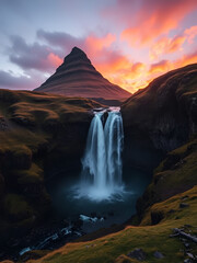 Naklejka premium Dramatic view on Kirkjufellsfoss waterfall near Kirkjufell mountain at sunset