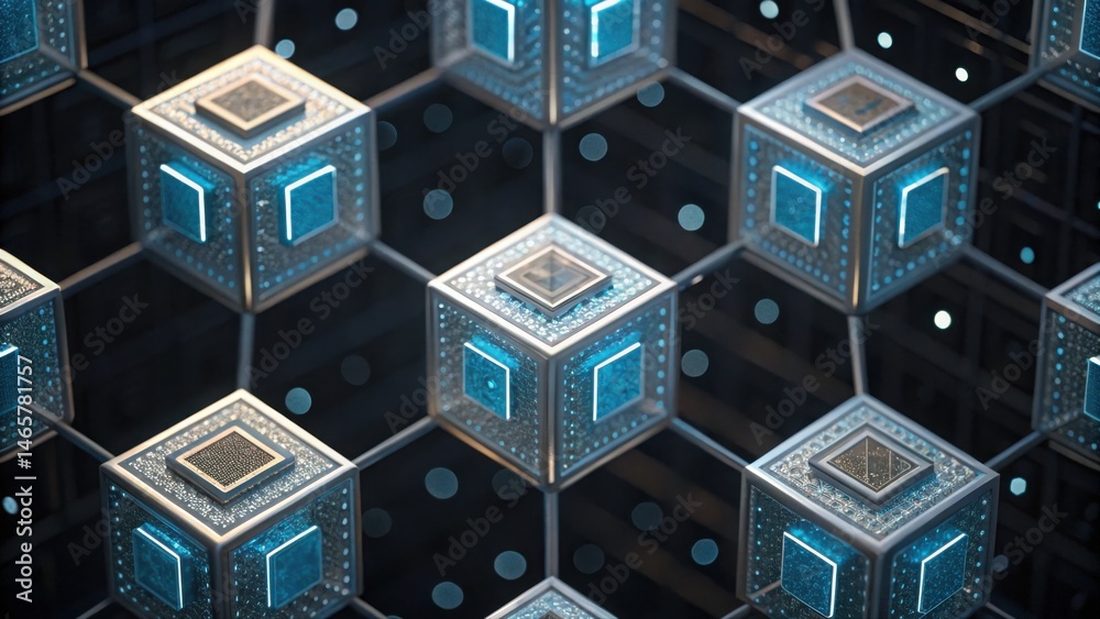 Poster futuristic technology network with illuminated digital blocks and connecting lines in a high tech da