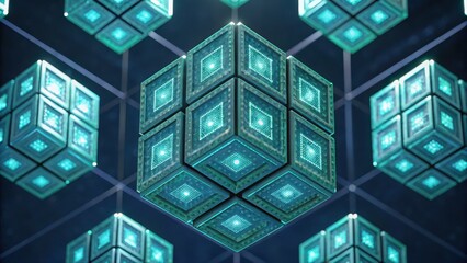 Advanced digital technology and futuristic glowing cube network with interconnected illuminated 3D geometric blocks and virtual reality concept in deep blue tones