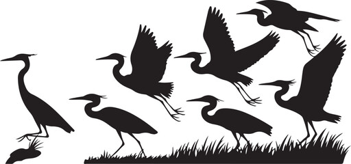 Obraz premium Heron Silhouette SVG – Elegant Bird Vector for Nature DesignsFlying Heron Clipart – Wildlife SVG for Crafts & PrintsWading Bird Vector – Heron Design for Nature & Bird LoversHeron Standing SVG –