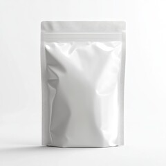 Plain white resealable foil pouch packaging bag with a zip lock for food snacks supplements and product storage on white background