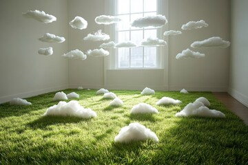 Fluffy clouds float over a grassy field