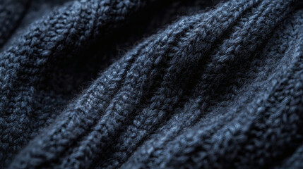 A close-up shot reveals the intricate details of a dark blue knitted fabric.