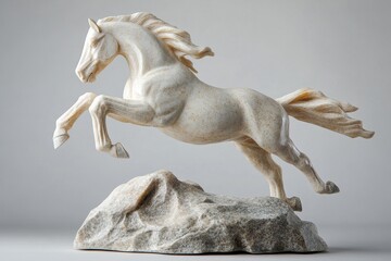 Fototapeta premium A light-colored horse sculpture leaping atop a rocky base.
