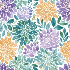 Seamless pattern of green purple petals in a dreamy feminine style without blue tones in a watercolor style, with yellow accents and a white center in a damask