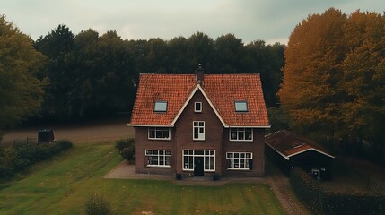 Brick House in Autumnal Setting: Aerial View of a Serene Countryside Home