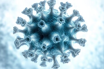Detailed close-up 3D illustration of a spherical virus particle with multiple spike-like protrusions on a soft blue background