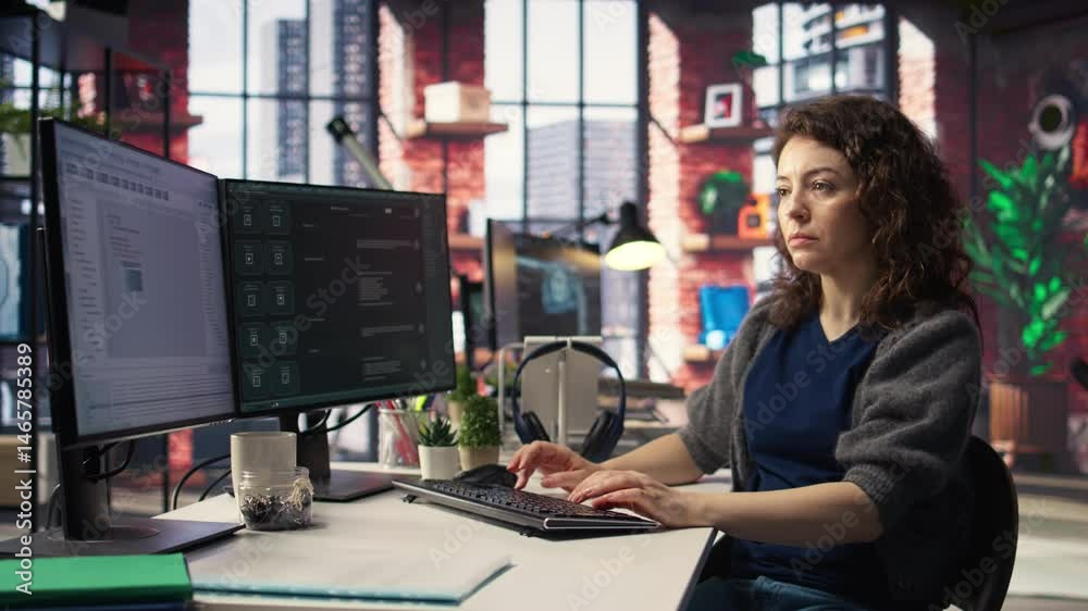 Poster freelancer woman employs online ai assistant to automate text generation and solve tasks easily, enh