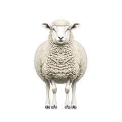 Obraz premium Fluffy white sheep stands facing forward against plain background, showcasing its thick wool and calm demeanor. image highlights texture of wool and sheep gentle expression