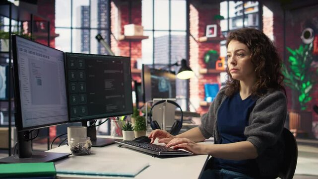 Freelancer woman employs online AI assistant to automate text generation and solve tasks easily, enhance productivity at the office. Integration of advanced algorithms and digital tools. Camera A.