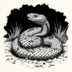 Fototapeta premium Detailed black and white illustration of a coiled snake with visible scales and alert posture surrounded by grass and rocky ground