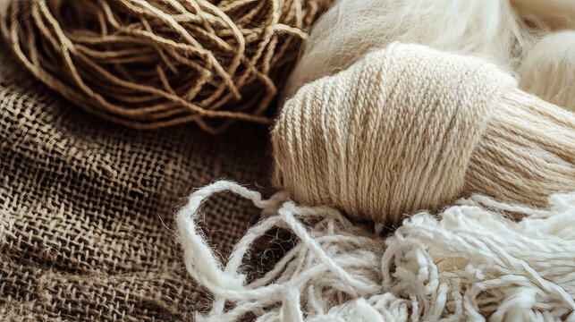 Close-up shot showcasing different natural yarn textures and earthy tones in a cozy composition.