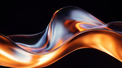 Smooth, flowing metallic ribbon with reflective surfaces in warm orange and silver tones creating a fluid, dynamic abstract form against a dark background