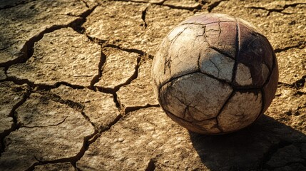 Find soccer ball on dry cracked earth ground desert drought sports equipment weathered cracked surface