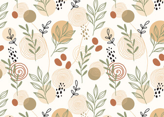 Seamless botanical pattern with abstract shapes and line-drawn leaves in warm neutral tones. For fabric prints, wallpapers, eco branding, Wellness background, gift wrap, and nature-inspired designs.