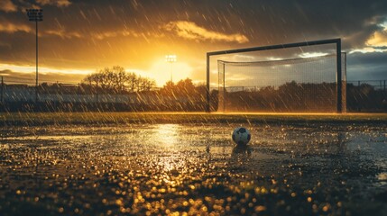 A rainy soccer field with goal and soccerball during sunset for sports and weather photography images use