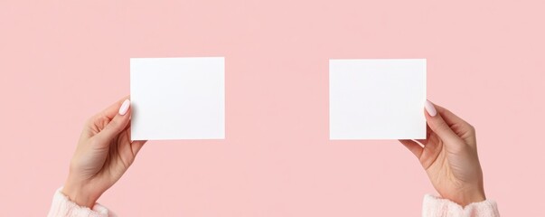 Two hands holding separate blank white square cards against a soft pink background with cozy sweater sleeves visible, evoking simplicity and calm