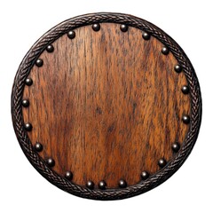 Fototapeta premium Wooden shield with metal accents isolated on white background