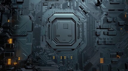 Fototapeta premium Close-up of a dark futuristic electronic circuit board with glowing orange lights and intricate pathways presenting advanced technology