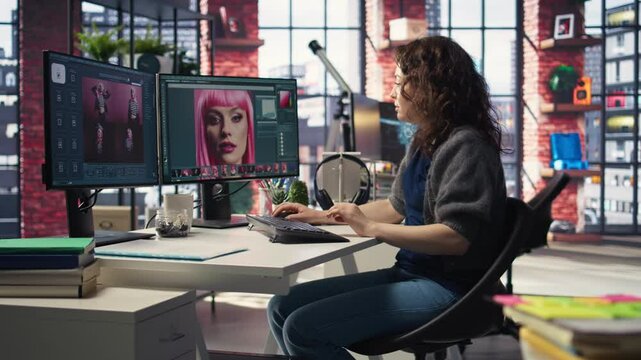 Young photographer editing photos on a modern pc setup in agency office, using color grading and retouching technique. Ideal workspace for a digital designer, art photography. Camera A.