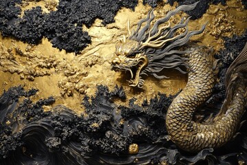Fototapeta premium Golden dragon sculpture on a dark gold background.