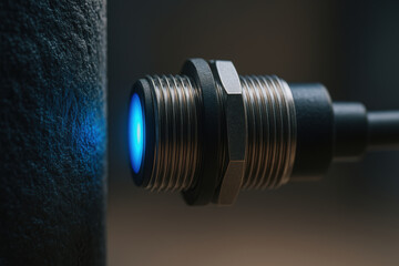 Proximity sensor with blue light used for inspection and monitoring in industry ensuring precise detection and control in machinery systems